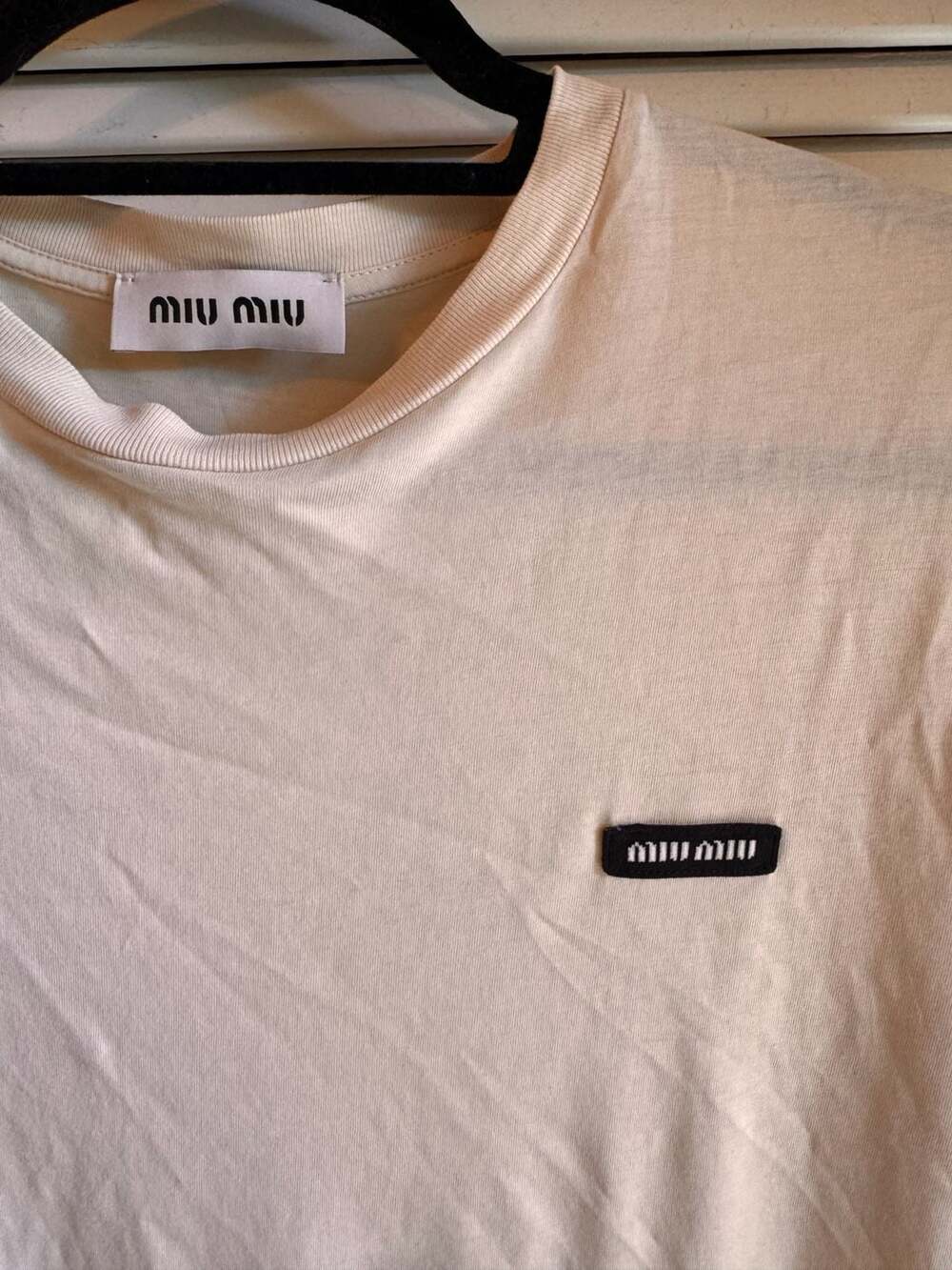 Miu Miu Long Sleeve T-Shirt Size S Beige Jersey Logo Patch